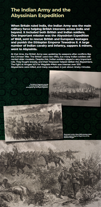Museum display panel with a photo of soldiers on parade and drawings of soldiers in battle: they're wearing turbans and carrying rifles with bayonets. A few officers are mounted on horses and directing the fighting. The text on the panel is reproduced on this webpage.